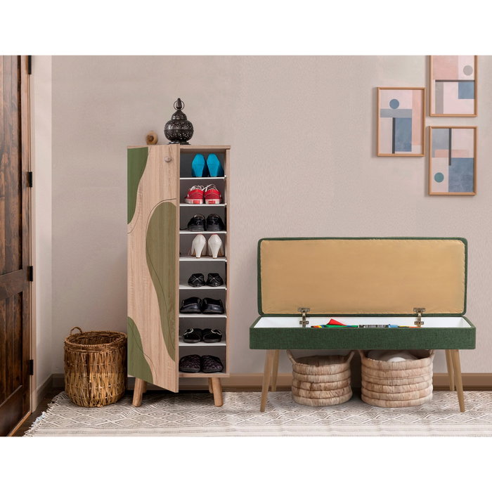 Hanah Home 925 - 1070 Juego de Muebles de Recibidor, Tablero Melamina, Lino, Sonomo y Verde, Zapatero 50x135x38cm, Banco 105x50x40cm